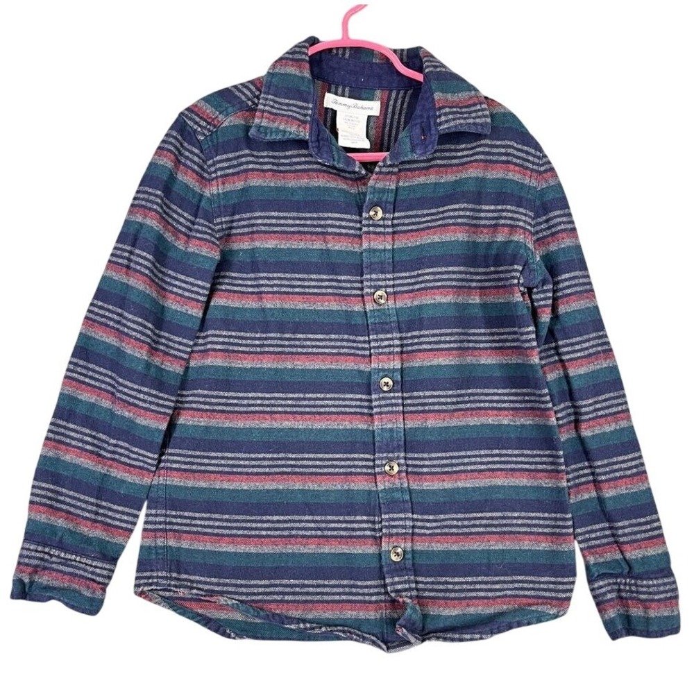 Tommy Bahama Shirt Boys M Blue Cotton Striped Board‎ Flannel Button Up